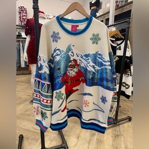 QUEEN OF SPARKLES Santa Skiing Sweater - Red, Blue, White